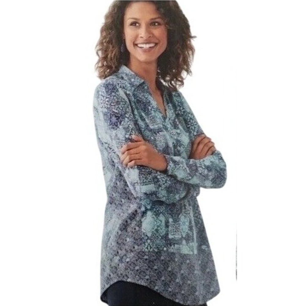 J Jill Blue Medallion Button Down Long Sleeve Tunic Blouse Womens